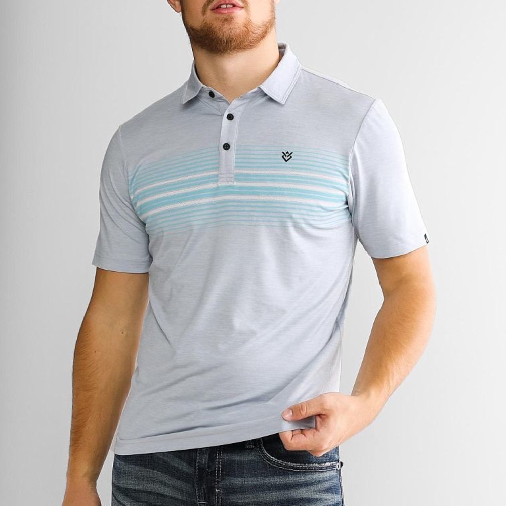 Veece Buckle Magnus Performance Stretch Polo White Light Gray Striped Shirt‎